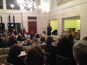 Elif Shafak speaking to attendees at a literary evening in support of the Galilee Foundation