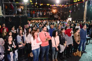 Students standing for the Palestinian national anthem 